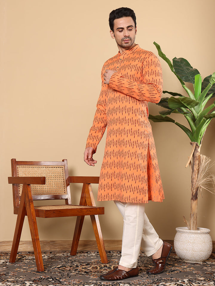 Men's Orange Straight Cotton Printed Kurta,Cream solid trouser style churidar | SHOBITAM