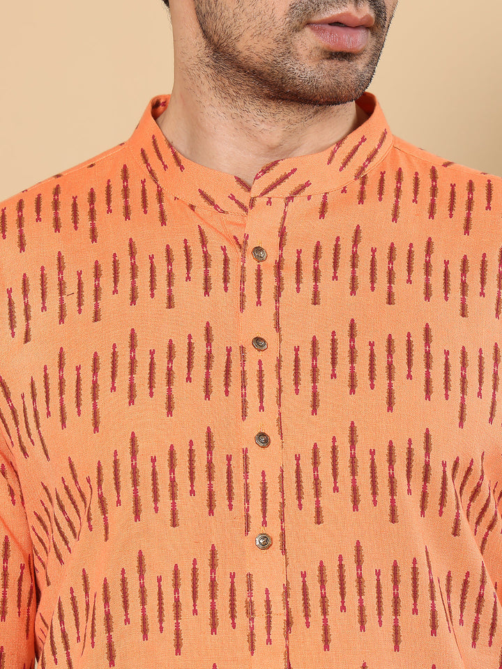Men's Orange Straight Cotton Printed Kurta,Cream solid trouser style churidar | SHOBITAM