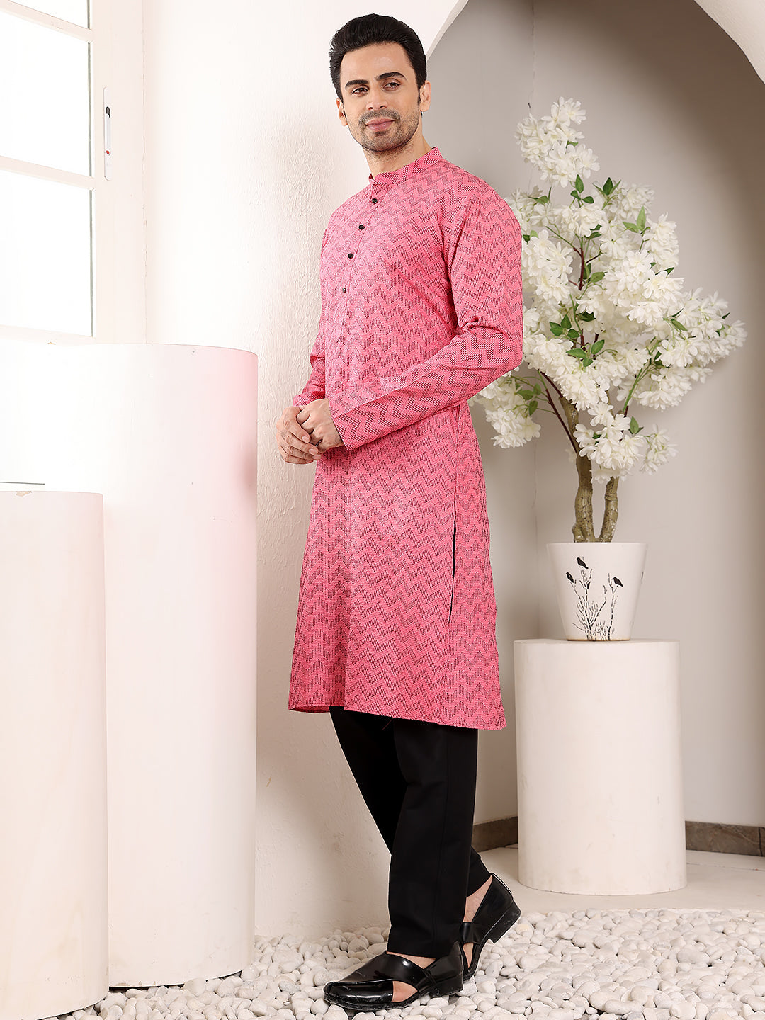 Men's Pink Straight Cotton Printed Kurta,Black solid trouser style churidar | SHOBITAM