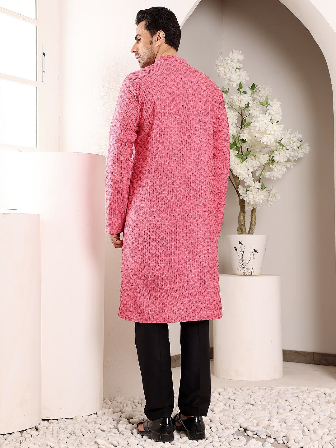 Men's Pink Straight Cotton Printed Kurta,Black solid trouser style churidar | SHOBITAM