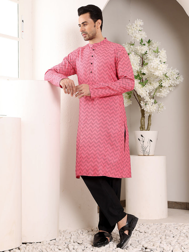 Men's Pink Straight Cotton Printed Kurta,Black solid trouser style churidar | SHOBITAM