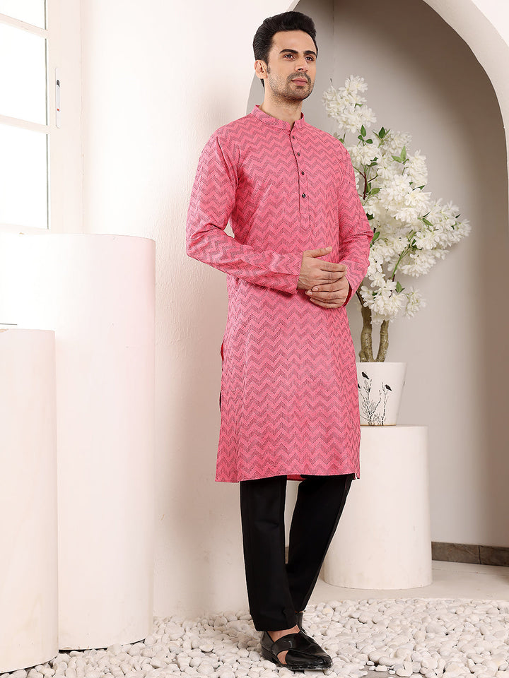 Men's Pink Straight Cotton Printed Kurta,Black solid trouser style churidar | SHOBITAM