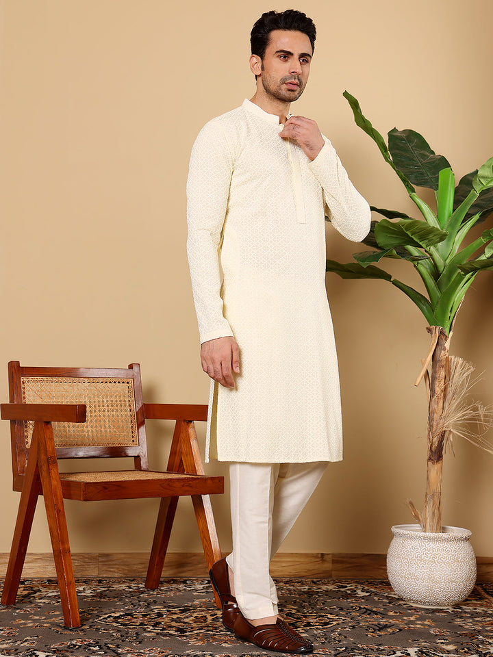 Men's Rayon Silk Straight Classic White Chikankari Kurta,Off White solid trouser style churidar| SHOBITAM