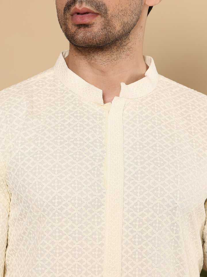 Men's Rayon Silk Straight Classic White Chikankari Kurta,Off White solid trouser style churidar| SHOBITAM