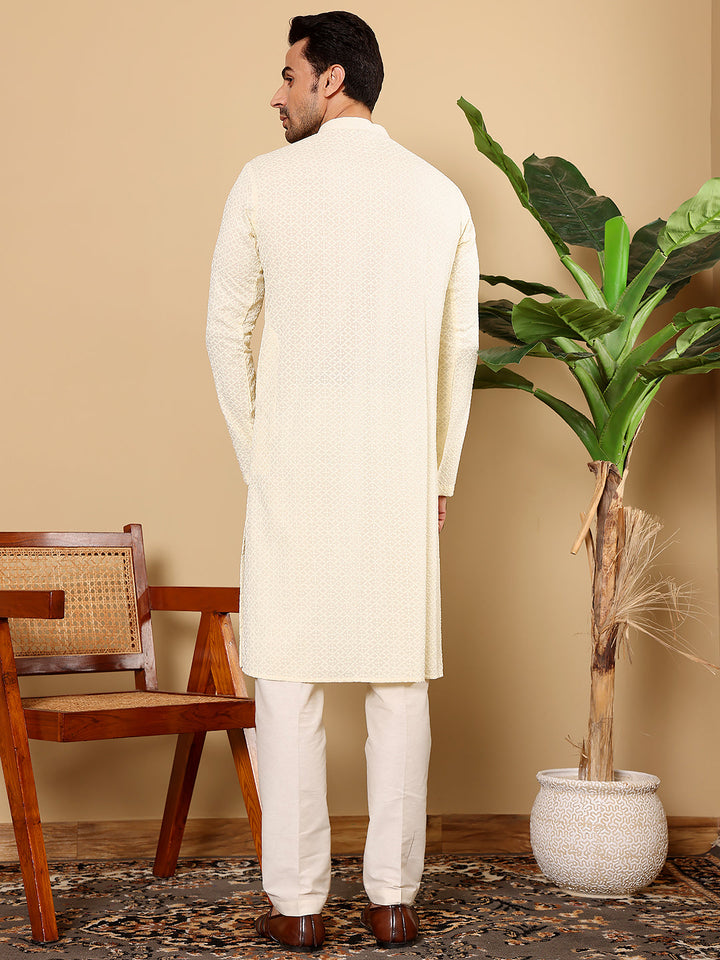 Men's Rayon Silk Straight Classic White Chikankari Kurta,Off White solid trouser style churidar| SHOBITAM