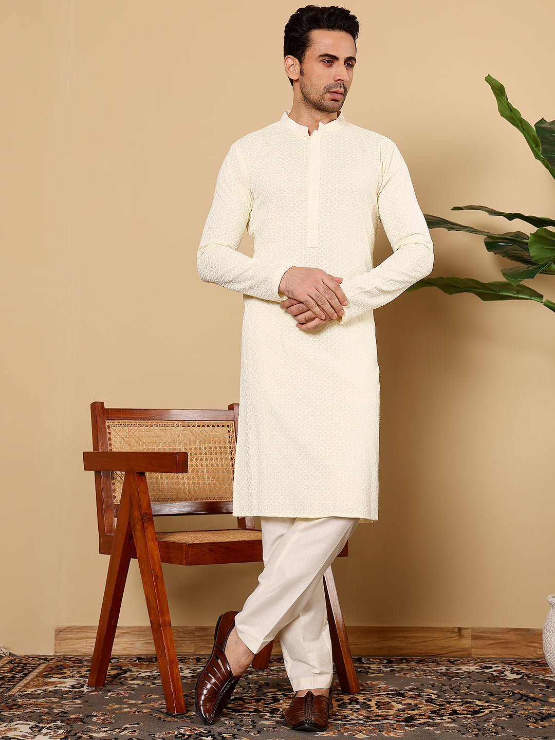 Men's Rayon Silk Straight Classic White Chikankari Kurta,Off White solid trouser style churidar| SHOBITAM