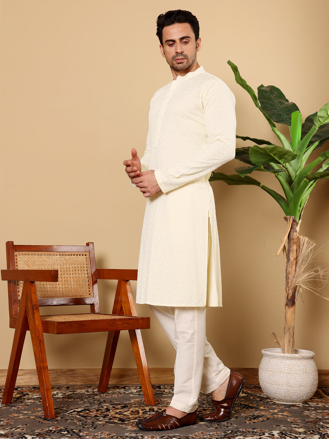 Men's Rayon Silk Straight Classic White Chikankari Kurta,Off White solid trouser style churidar| SHOBITAM