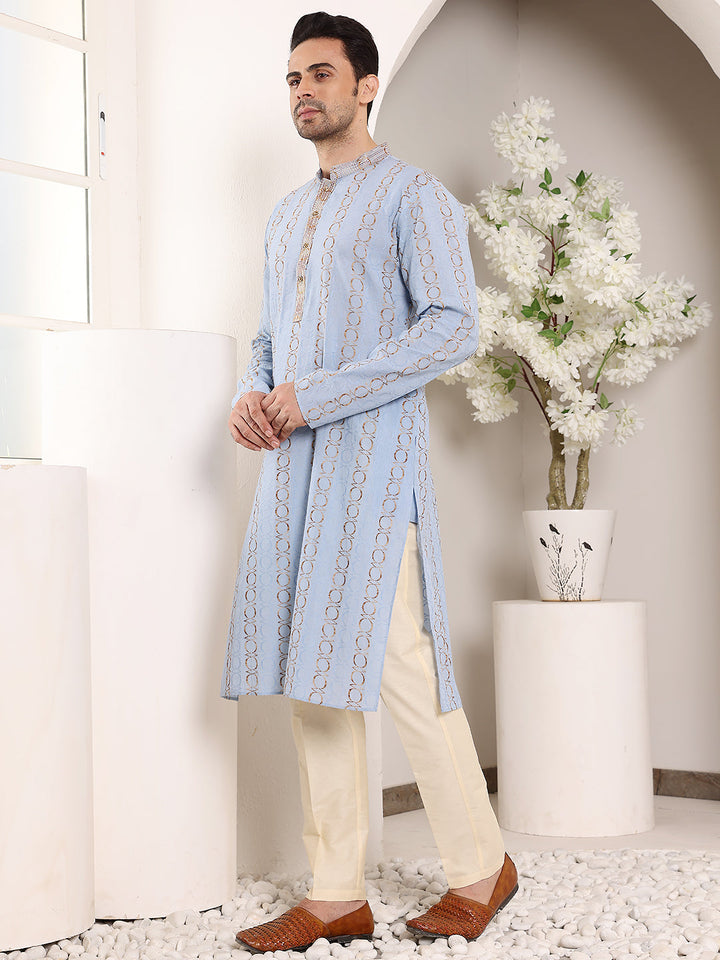 Men's Elegant Printed Blue Straight Cotton Kurta,Cream solid trouser style churidar | SHOBITAM