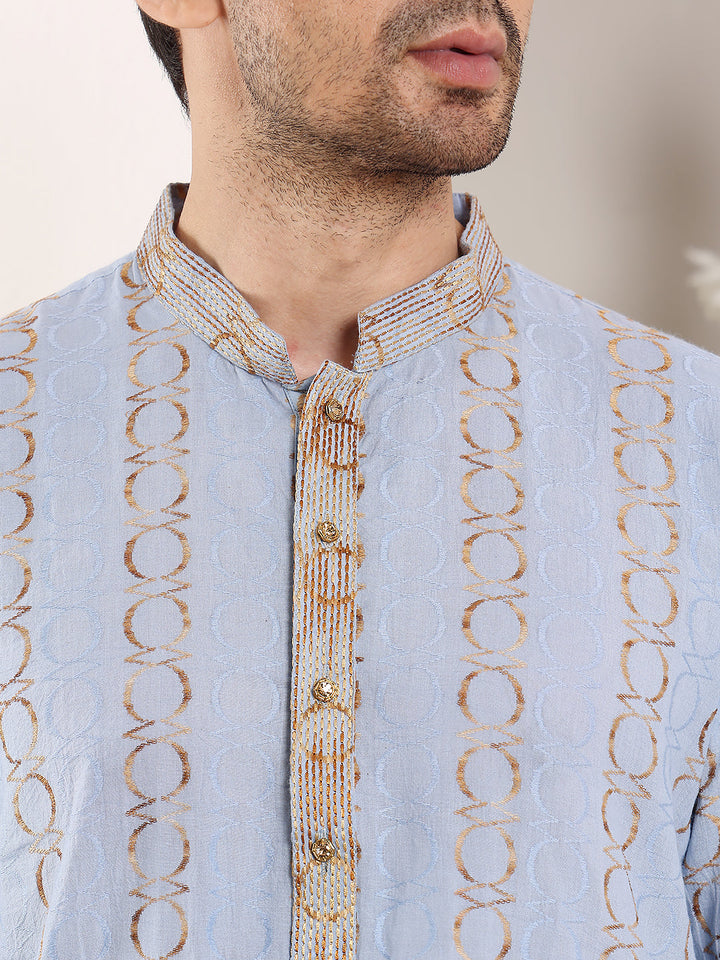 Men's Elegant Printed Blue Straight Cotton Kurta,Cream solid trouser style churidar | SHOBITAM