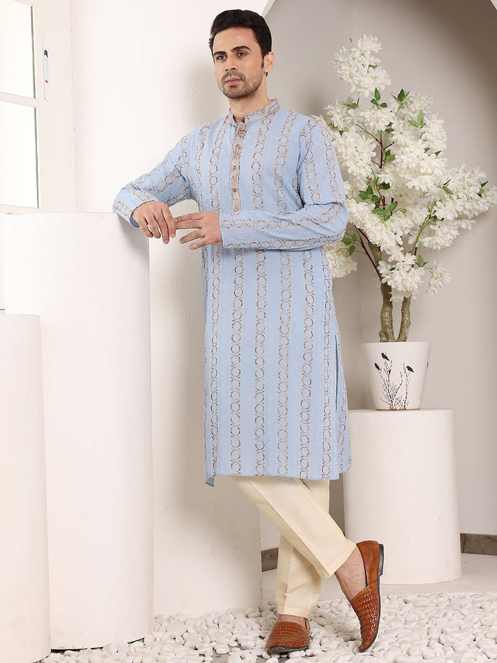 Men's Elegant Printed Blue Straight Cotton Kurta,Cream solid trouser style churidar | SHOBITAM