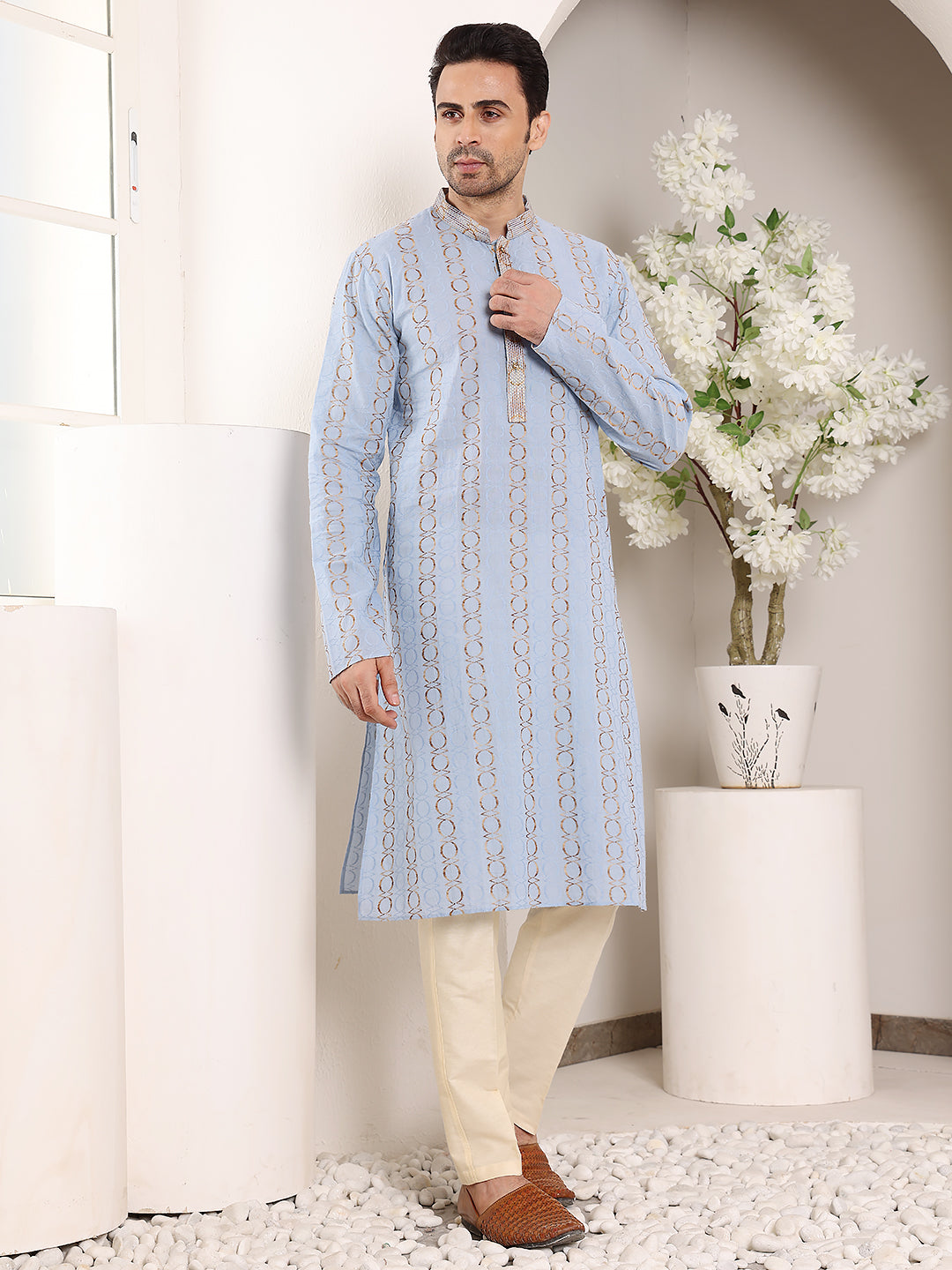 Men's Elegant Printed Blue Straight Cotton Kurta,Cream solid trouser style churidar | SHOBITAM