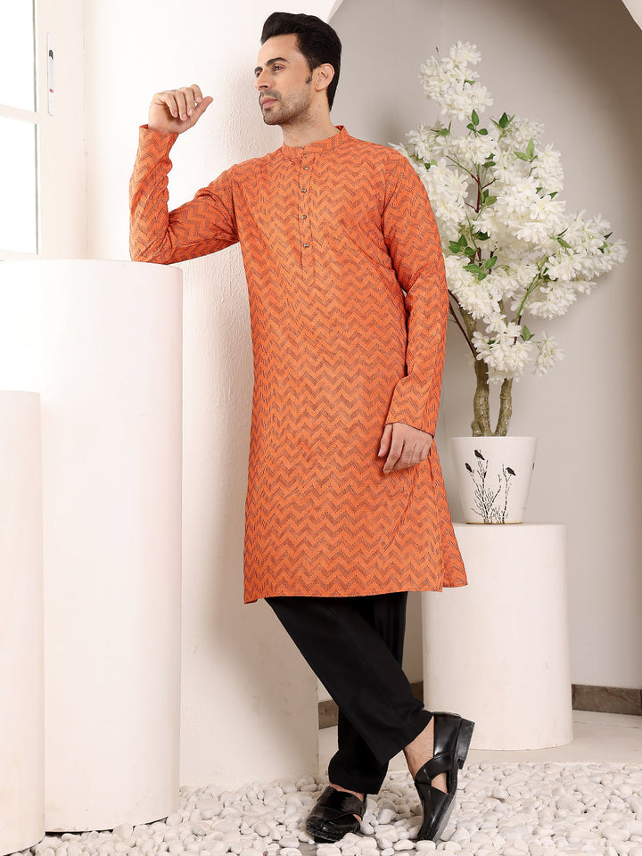 Men's Elegant Orange Straight Cotton Kurta with Ikkat Print,Black solid trouser style churidar | SHOBITAM