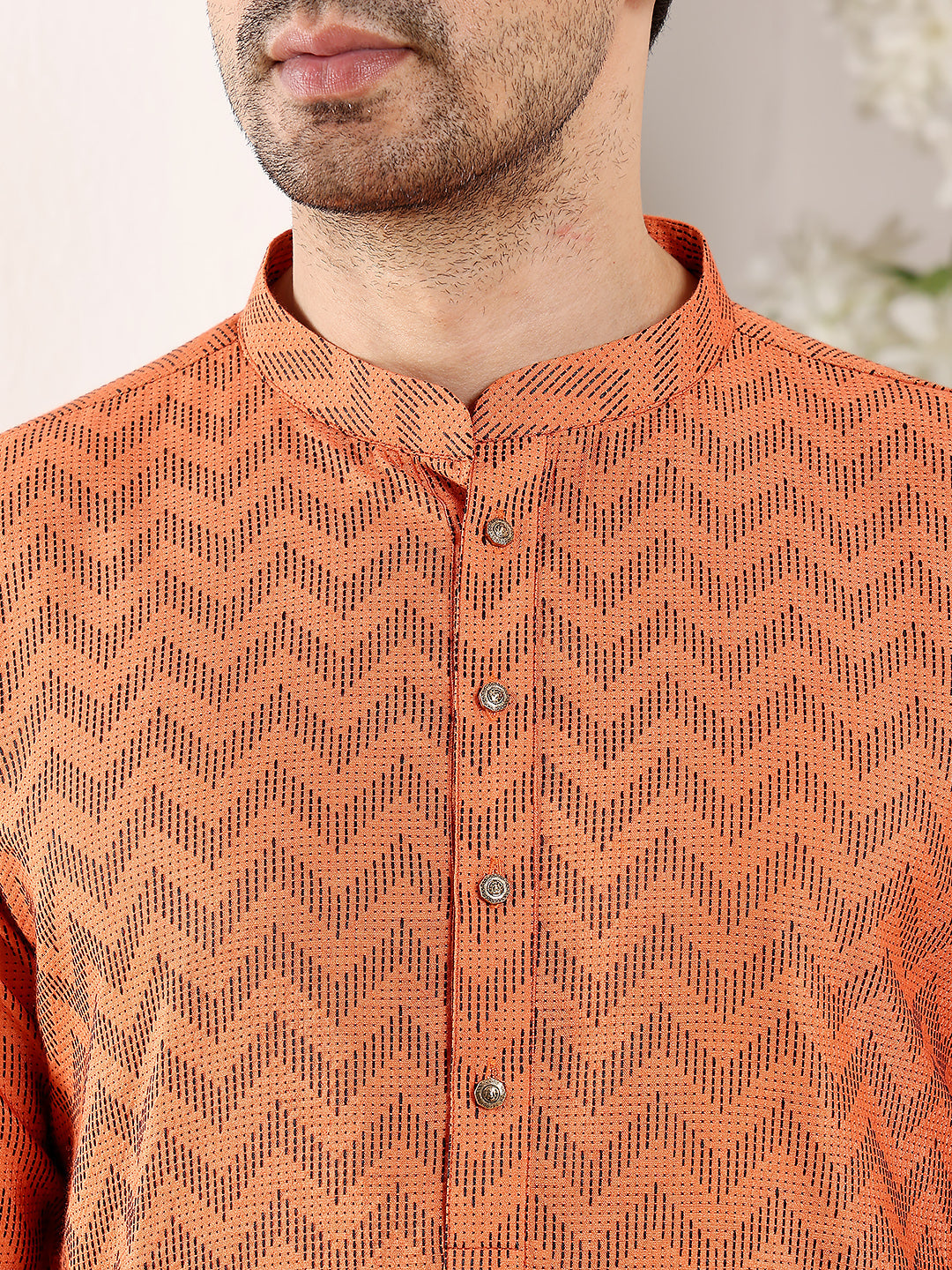 Men's Elegant Orange Straight Cotton Kurta with Ikkat Print,Black solid trouser style churidar | SHOBITAM