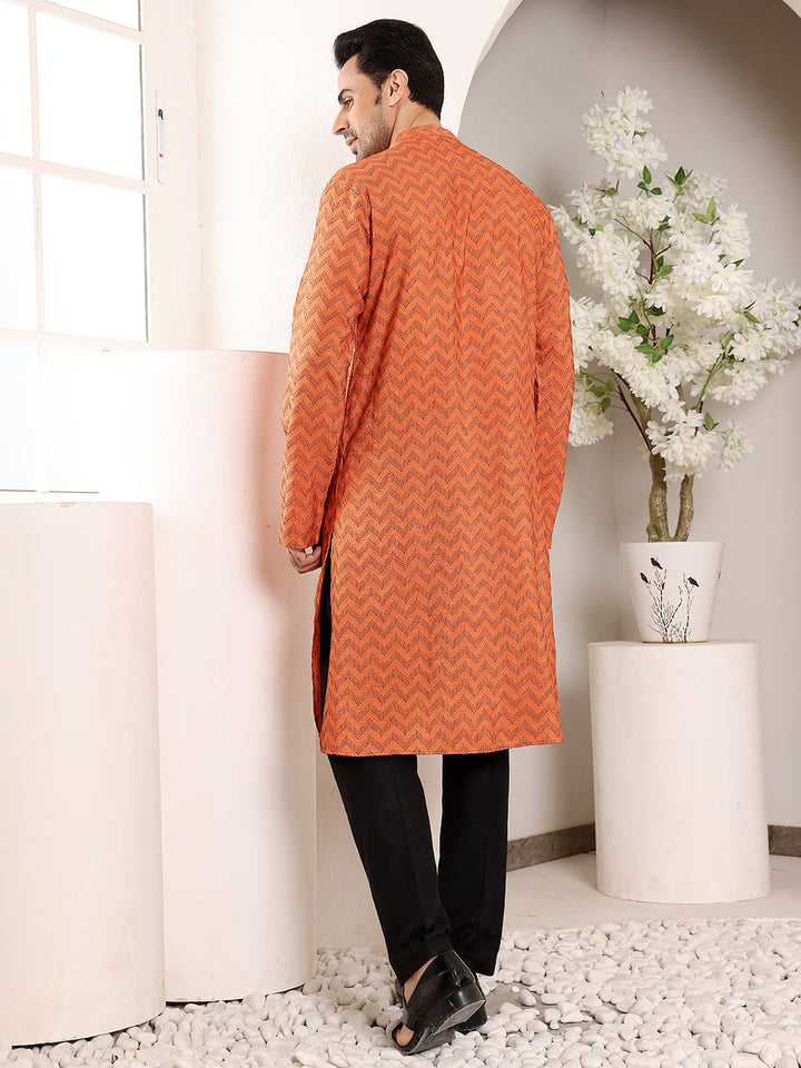 Men's Elegant Orange Straight Cotton Kurta with Ikkat Print,Black solid trouser style churidar | SHOBITAM