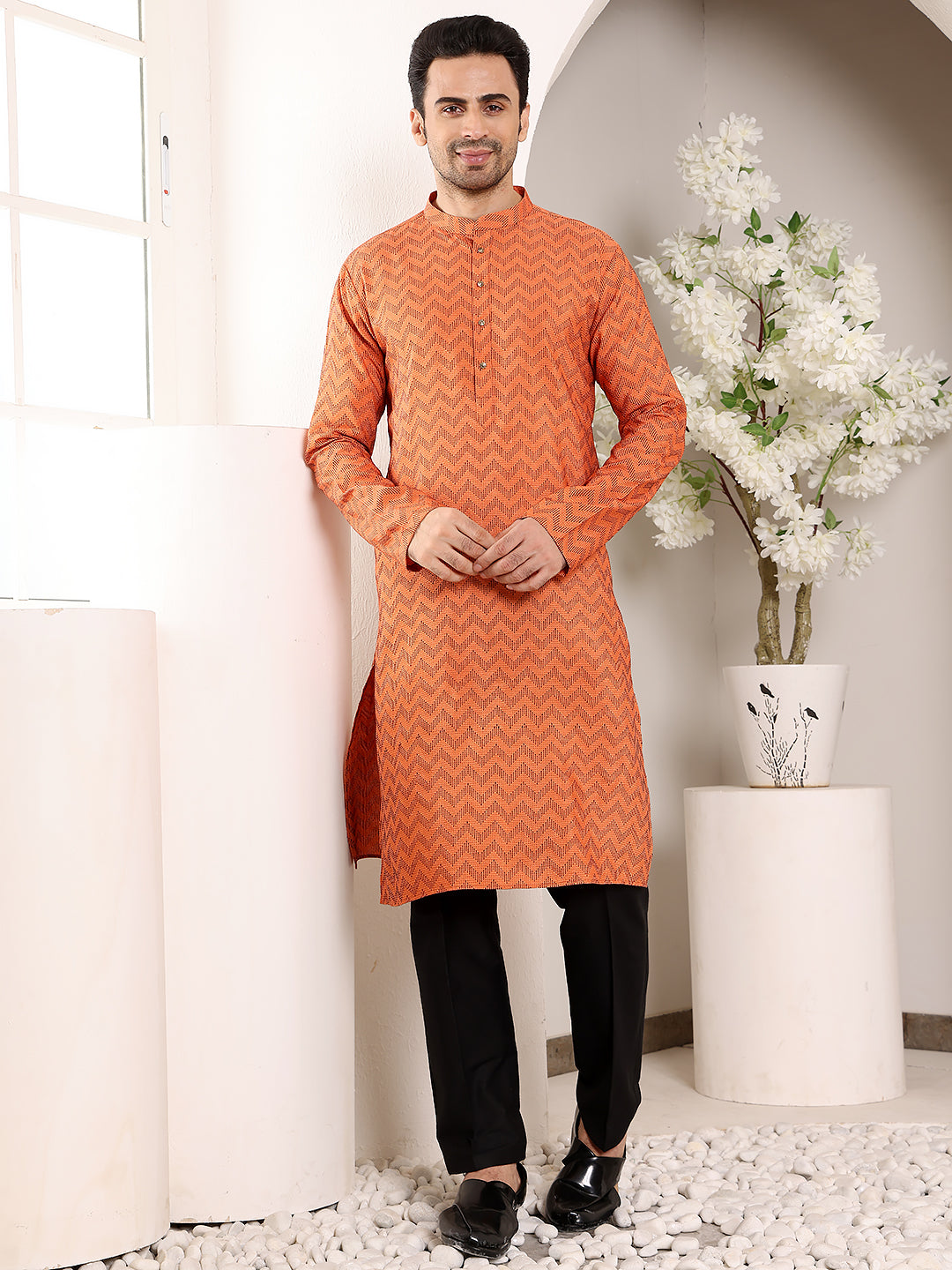 Men's Elegant Orange Straight Cotton Kurta with Ikkat Print,Black solid trouser style churidar | SHOBITAM