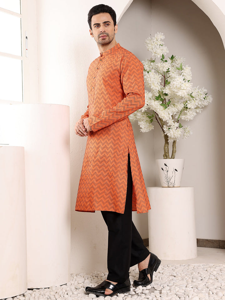 Men's Elegant Orange Straight Cotton Kurta with Ikkat Print,Black solid trouser style churidar | SHOBITAM