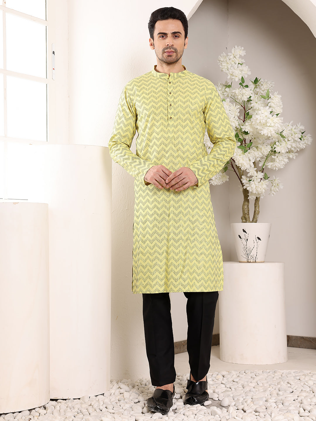 Men's Elegant Yellow Straight Cotton Kurta with Embroidery,Black solid Trouser style churidar | SHOBITAM