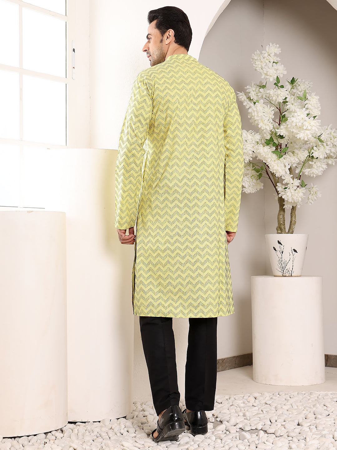 Men's Elegant Yellow Straight Cotton Kurta with Embroidery,Black solid Trouser style churidar | SHOBITAM