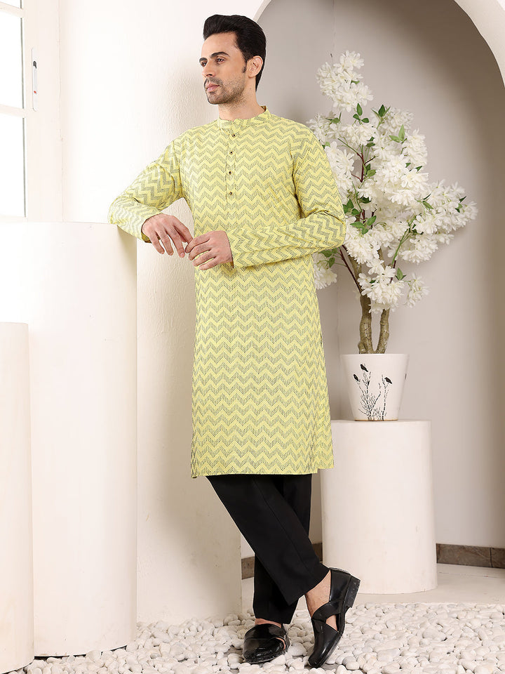 Men's Elegant Yellow Straight Cotton Kurta with Embroidery,Black solid Trouser style churidar | SHOBITAM