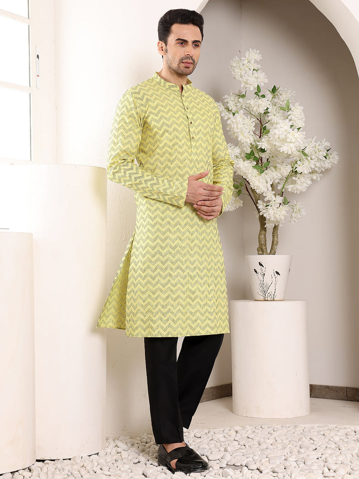 Men's Elegant Yellow Straight Cotton Kurta with Embroidery,Black solid Trouser style churidar | SHOBITAM