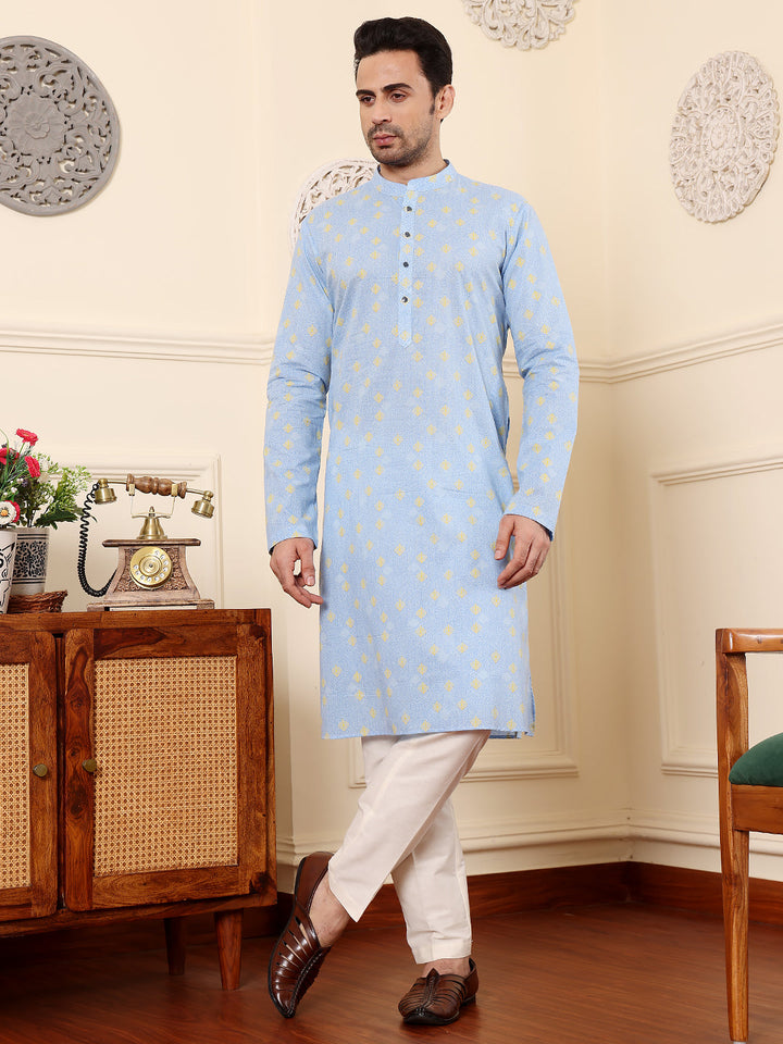 Men's Elegant Blue Printed Straight Cotton kurta,Cream Solid Trouser Style Churidar | SHOBITAM