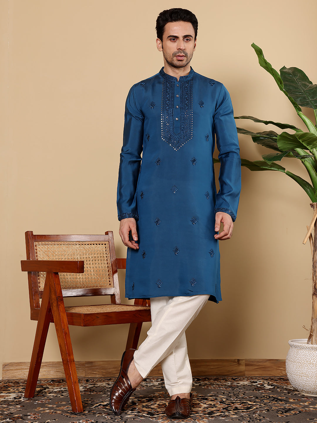 Men's Blue Straight Viscose Silk Kurta with Embroidered Neckline and Motifs,Off White solid trouser style churidar | SHOBITAM