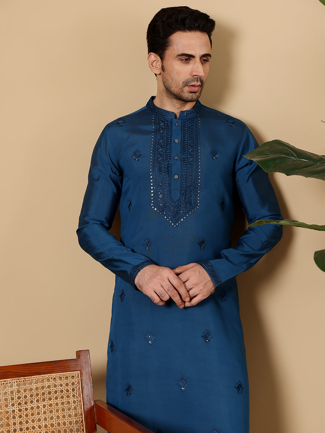 Men's Blue Straight Viscose Silk Kurta with Embroidered Neckline and Motifs,Off White solid trouser style churidar | SHOBITAM