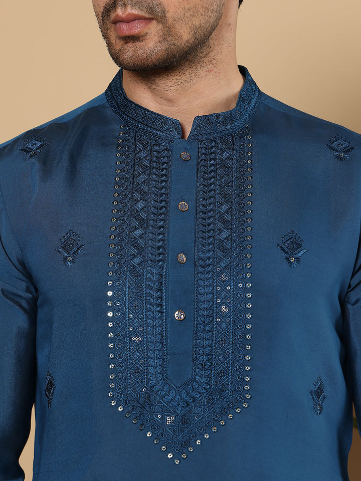 Men's Blue Straight Viscose Silk Kurta with Embroidered Neckline and Motifs,Off White solid trouser style churidar | SHOBITAM