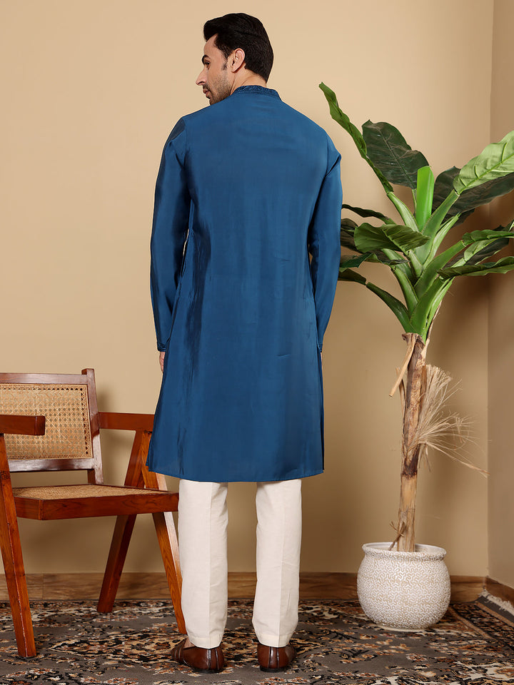 Men's Blue Straight Viscose Silk Kurta with Embroidered Neckline and Motifs,Off White solid trouser style churidar | SHOBITAM