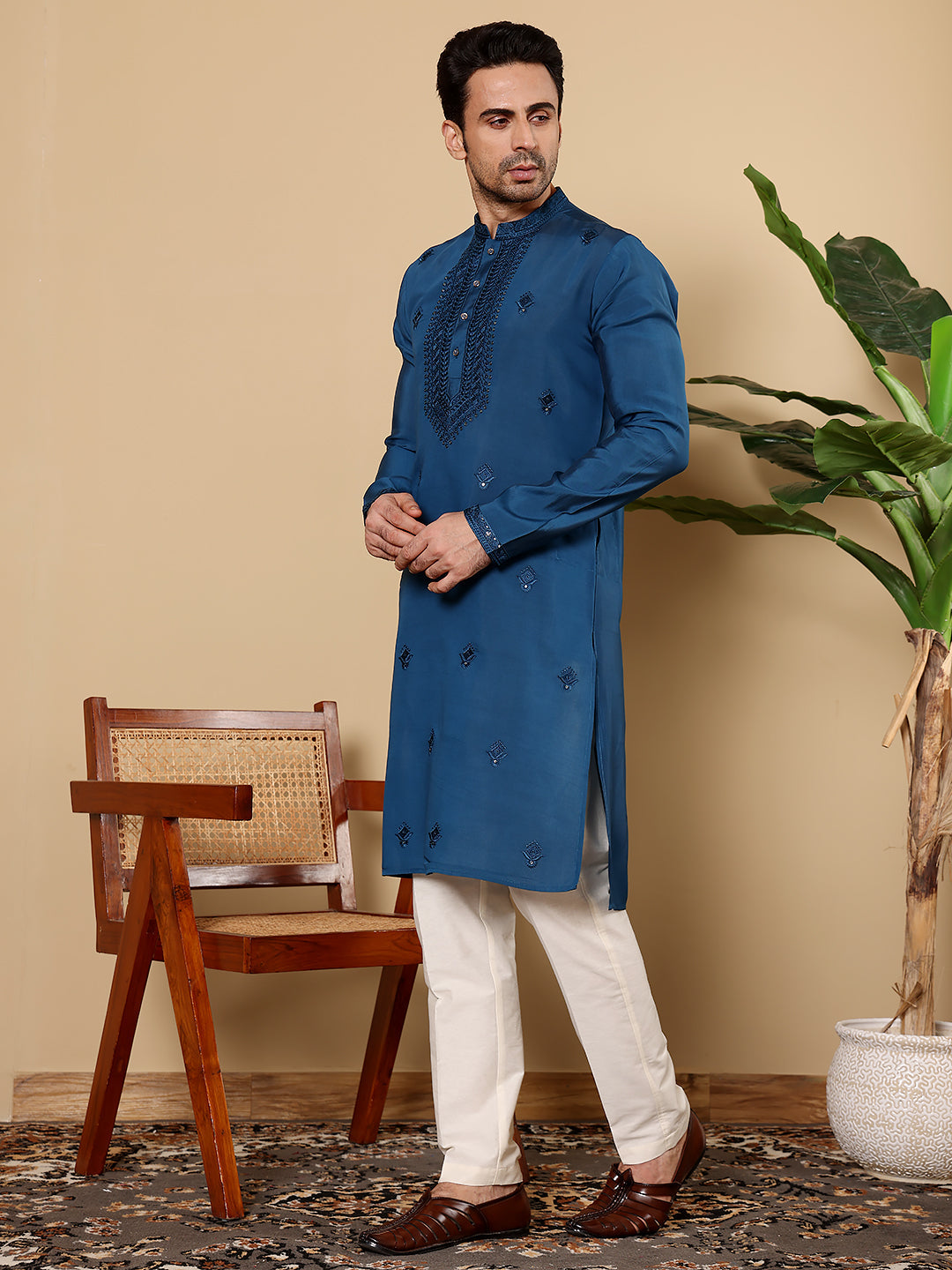Men's Blue Straight Viscose Silk Kurta with Embroidered Neckline and Motifs,Off White solid trouser style churidar | SHOBITAM