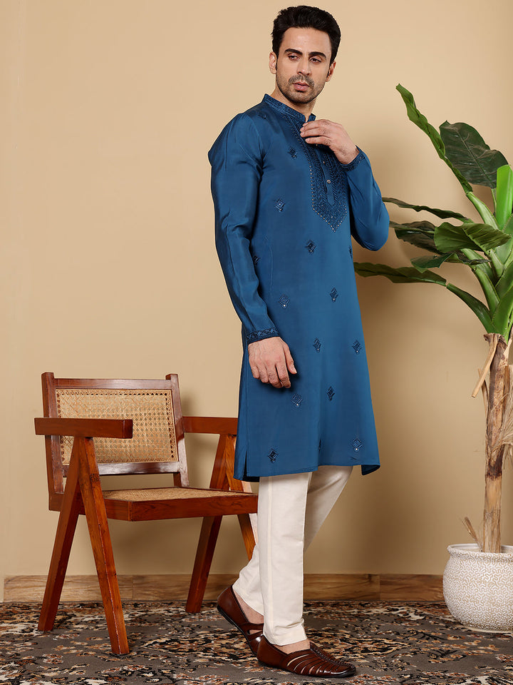 Men's Blue Straight Viscose Silk Kurta with Embroidered Neckline and Motifs,Off White solid trouser style churidar | SHOBITAM