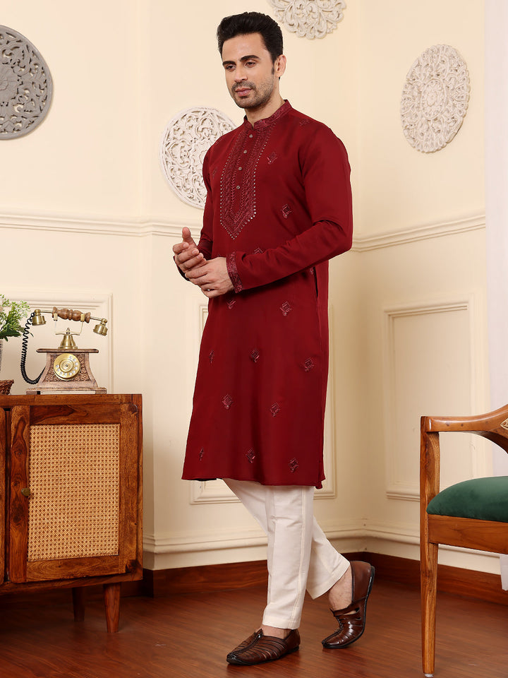 Men's Dark Red Straight Viscose Silk Kurta with Embroidered Neckline and Motifs,Off White solid trouser style churidar | SHOBITAM