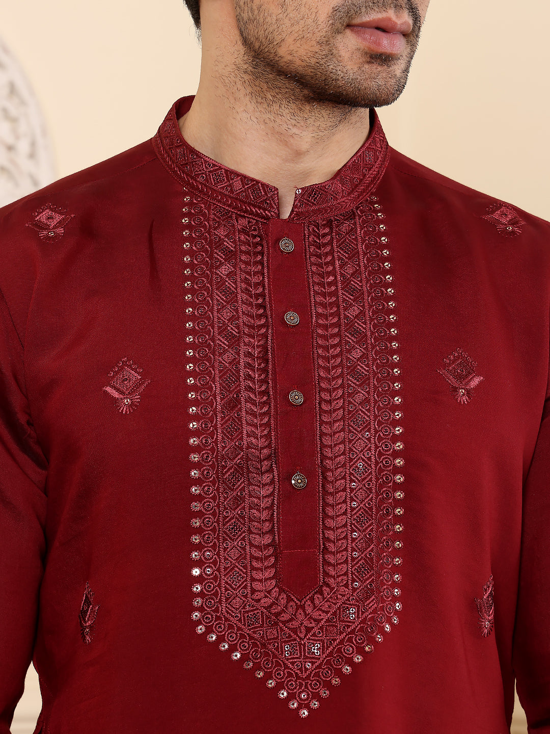 Men's Dark Red Straight Viscose Silk Kurta with Embroidered Neckline and Motifs,Off White solid trouser style churidar | SHOBITAM
