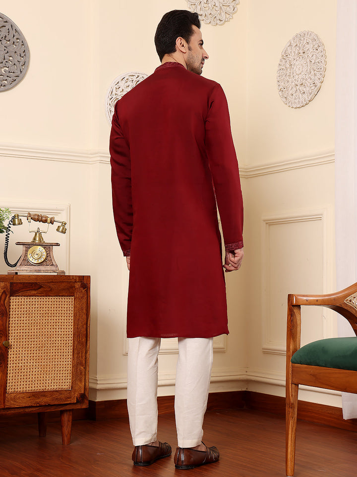 Men's Dark Red Straight Viscose Silk Kurta with Embroidered Neckline and Motifs,Off White solid trouser style churidar | SHOBITAM