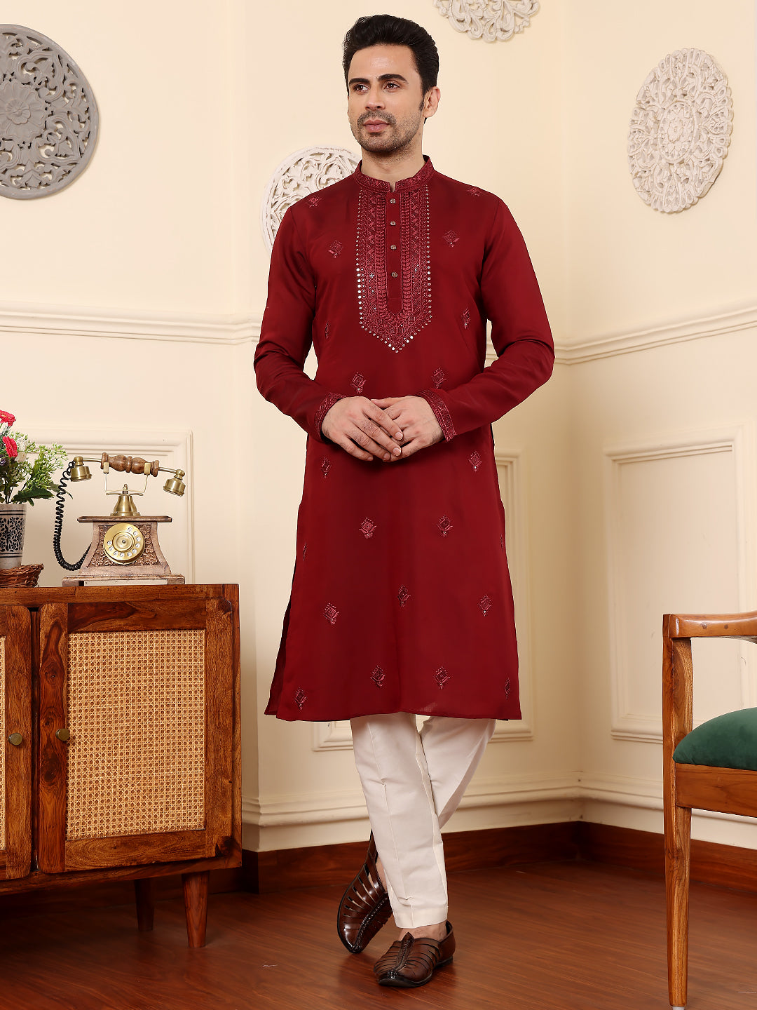 Men's Dark Red Straight Viscose Silk Kurta with Embroidered Neckline and Motifs,Off White solid trouser style churidar | SHOBITAM