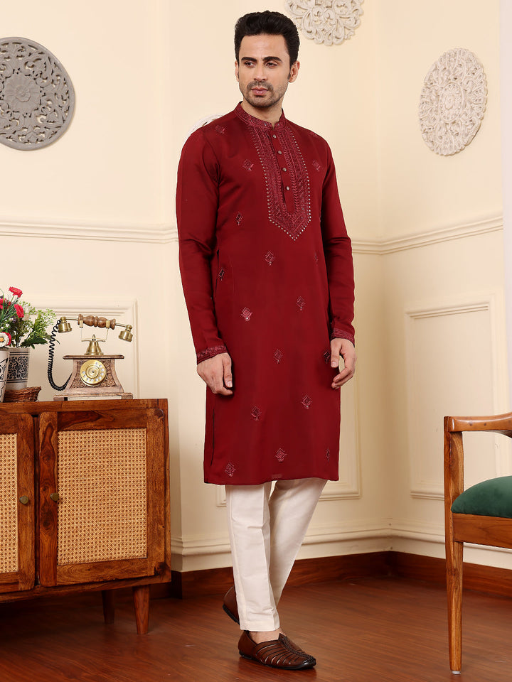 Men's Dark Red Straight Viscose Silk Kurta with Embroidered Neckline and Motifs,Off White solid trouser style churidar | SHOBITAM