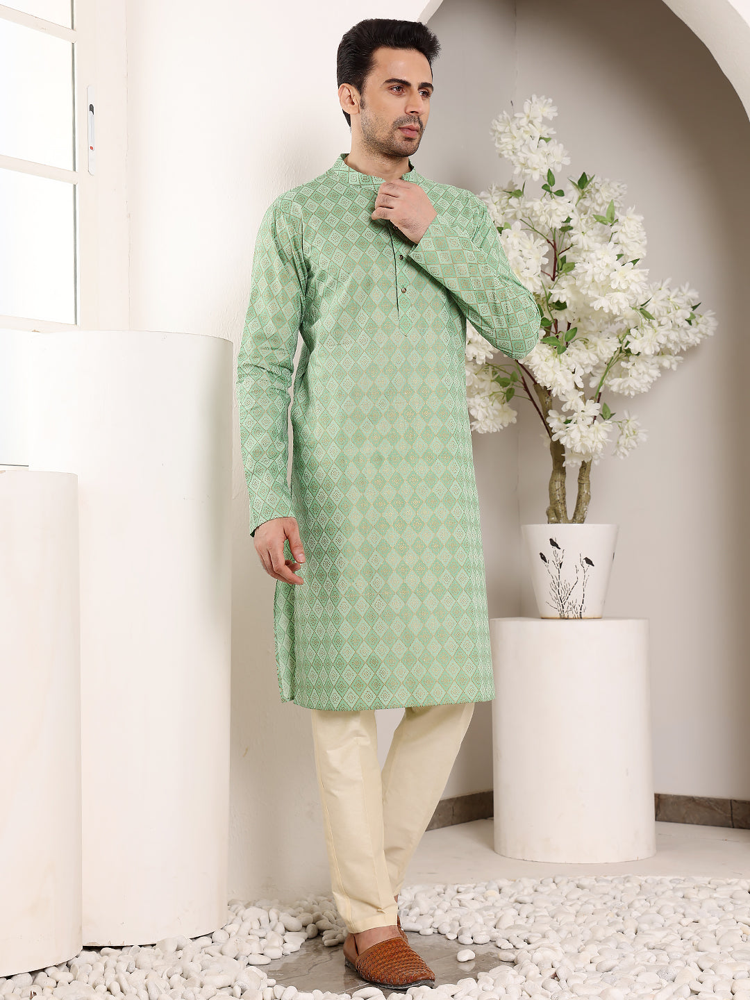 Men's Elegant Printed Sea Green Straight Cotton Kurta,Cream solid trouser style churidar | SHOBITAM