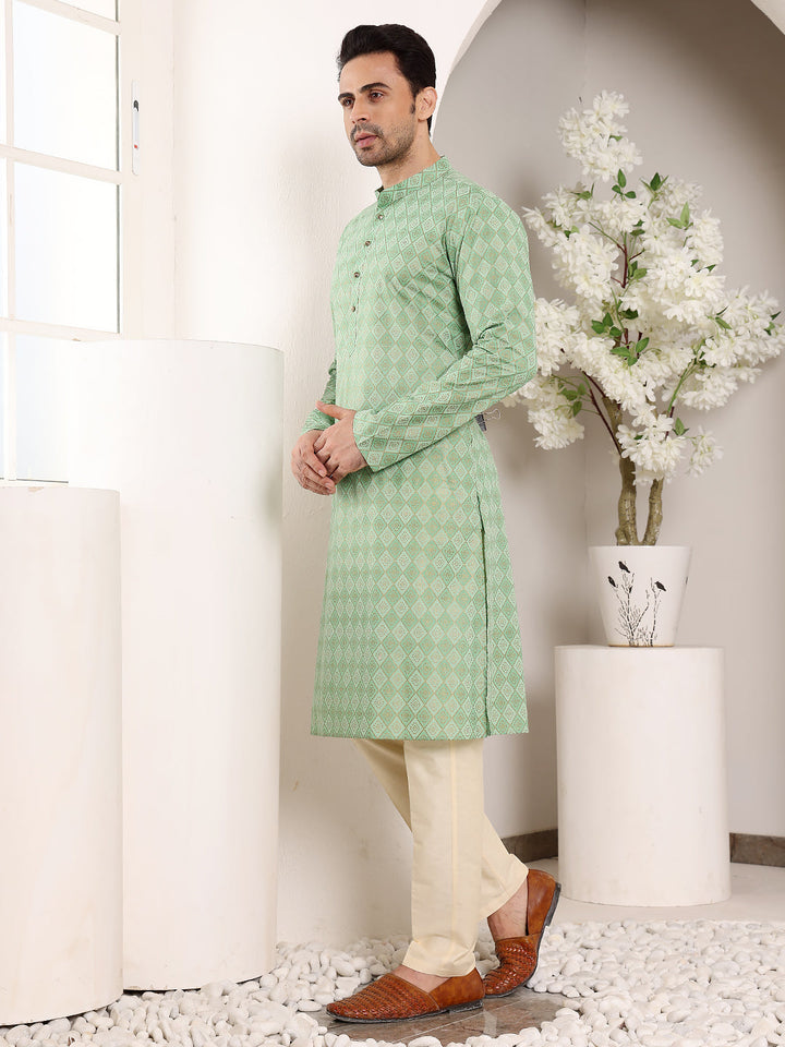 Men's Elegant Printed Sea Green Straight Cotton Kurta,Cream solid trouser style churidar | SHOBITAM