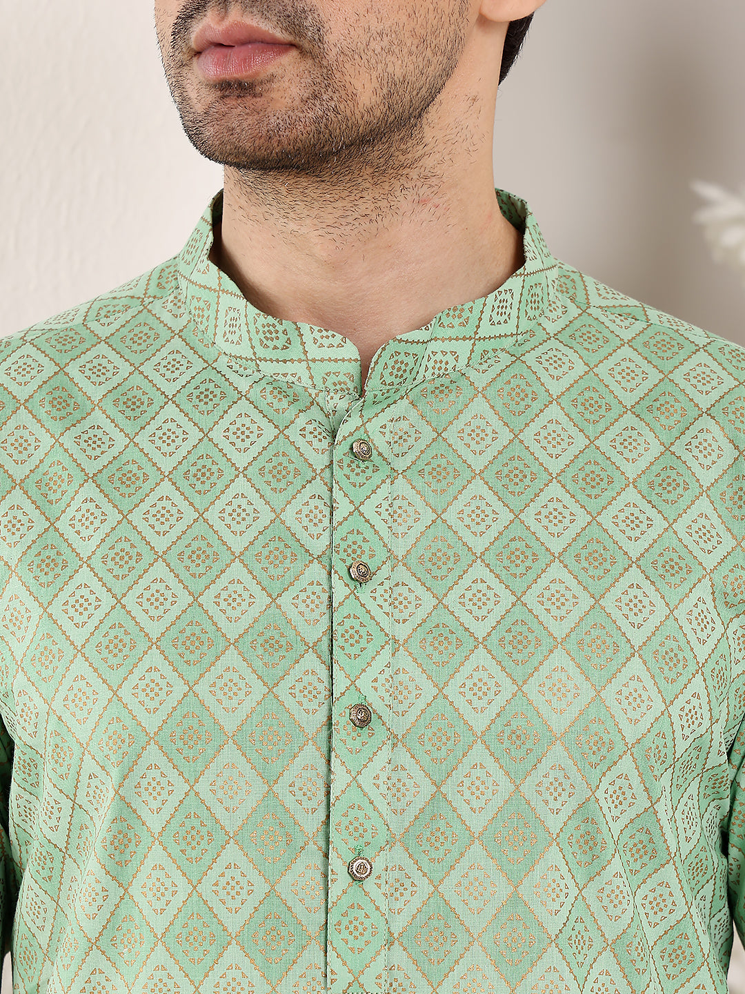 Men's Elegant Printed Sea Green Straight Cotton Kurta,Cream solid trouser style churidar | SHOBITAM