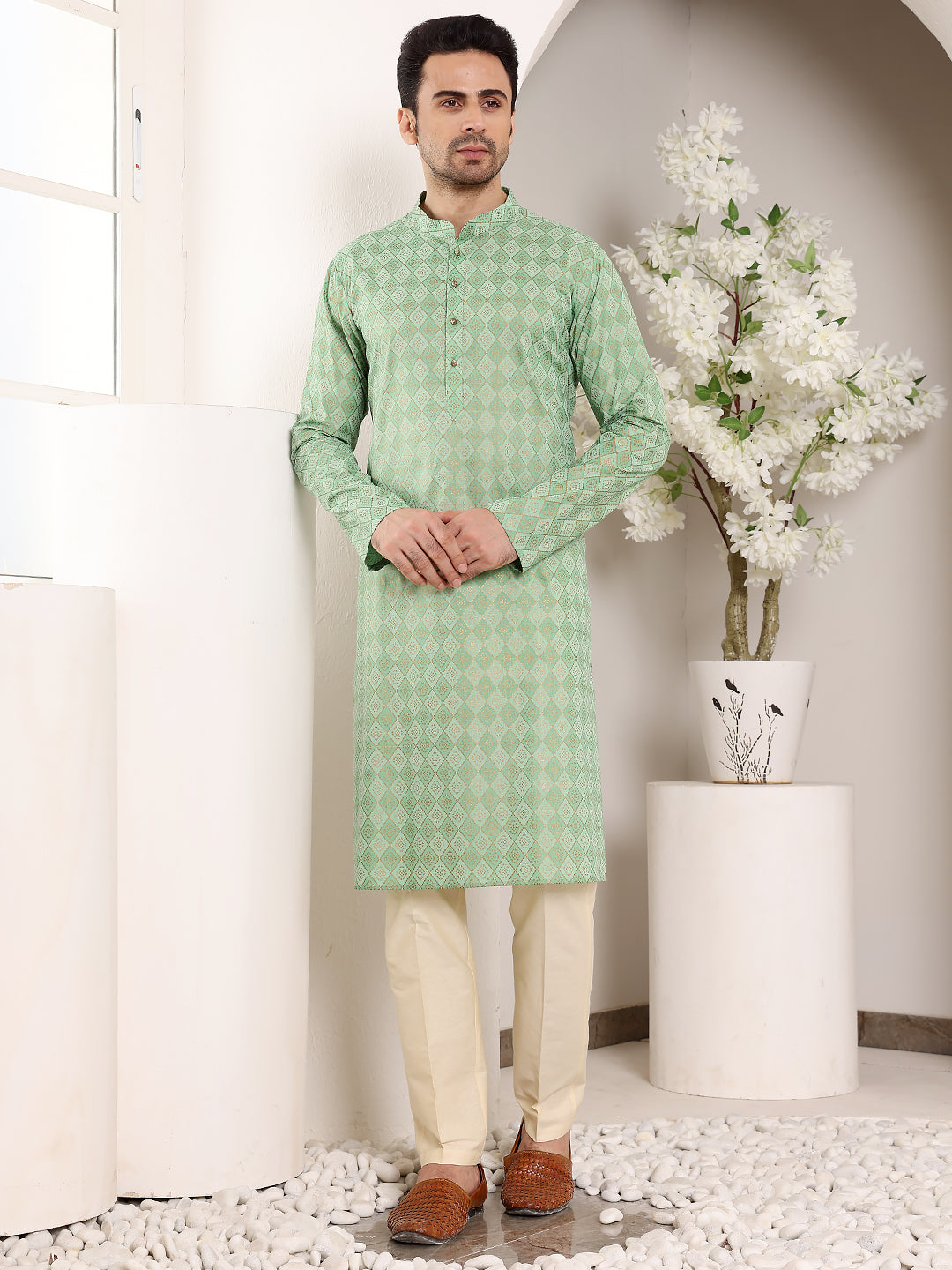 Men's Elegant Printed Sea Green Straight Cotton Kurta,Cream solid trouser style churidar | SHOBITAM