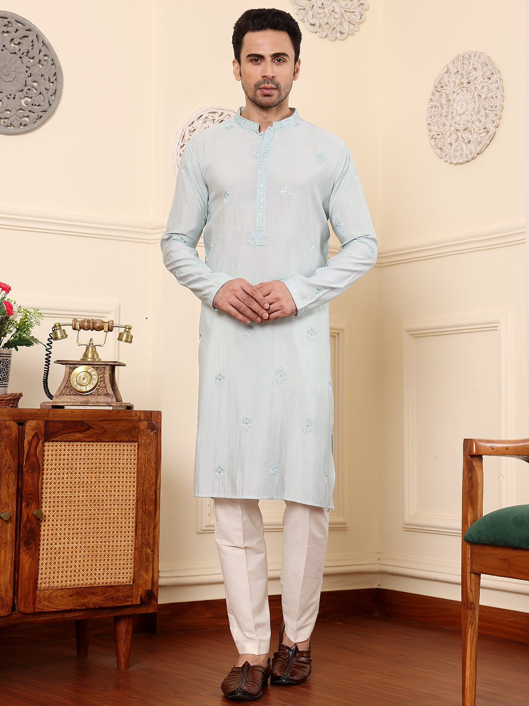 Men's Long Sleeve Light Blue Straight Viscose Silk Kurta with Embroidered Neckline Motifs and White Solid Churidar | SHOBITAM