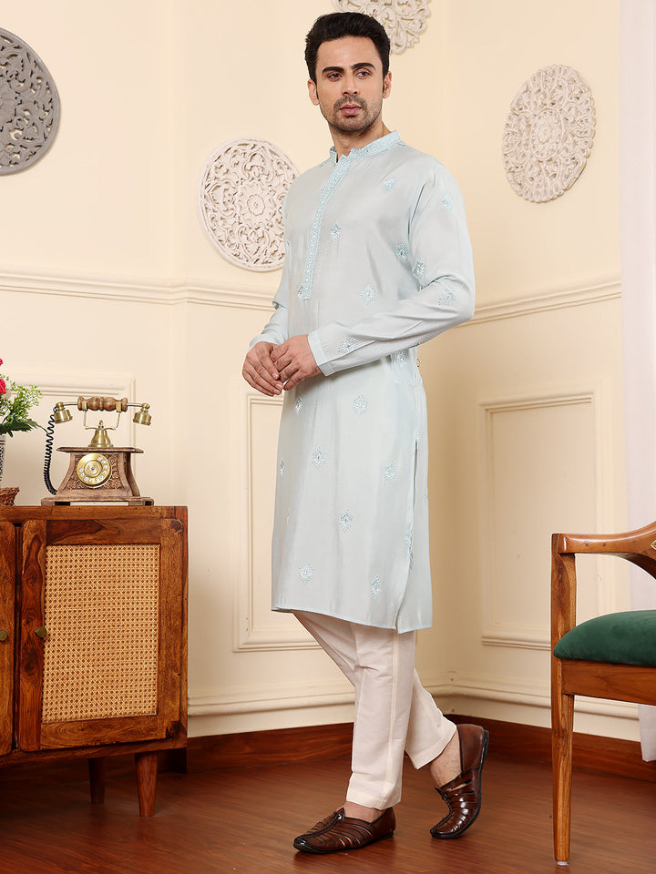 Men's Long Sleeve Light Blue Straight Viscose Silk Kurta with Embroidered Neckline Motifs and White Solid Churidar | SHOBITAM