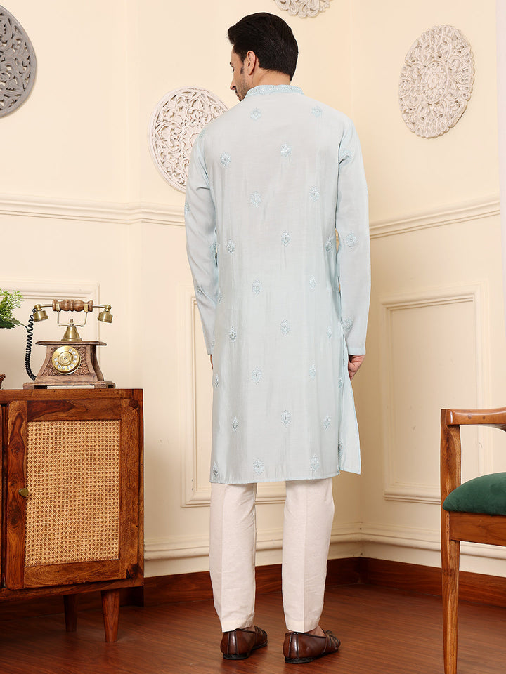 Men's Long Sleeve Light Blue Straight Viscose Silk Kurta with Embroidered Neckline Motifs and White Solid Churidar | SHOBITAM