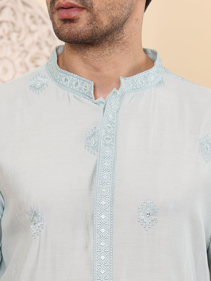 Men's Long Sleeve Light Blue Straight Viscose Silk Kurta with Embroidered Neckline Motifs and White Solid Churidar | SHOBITAM