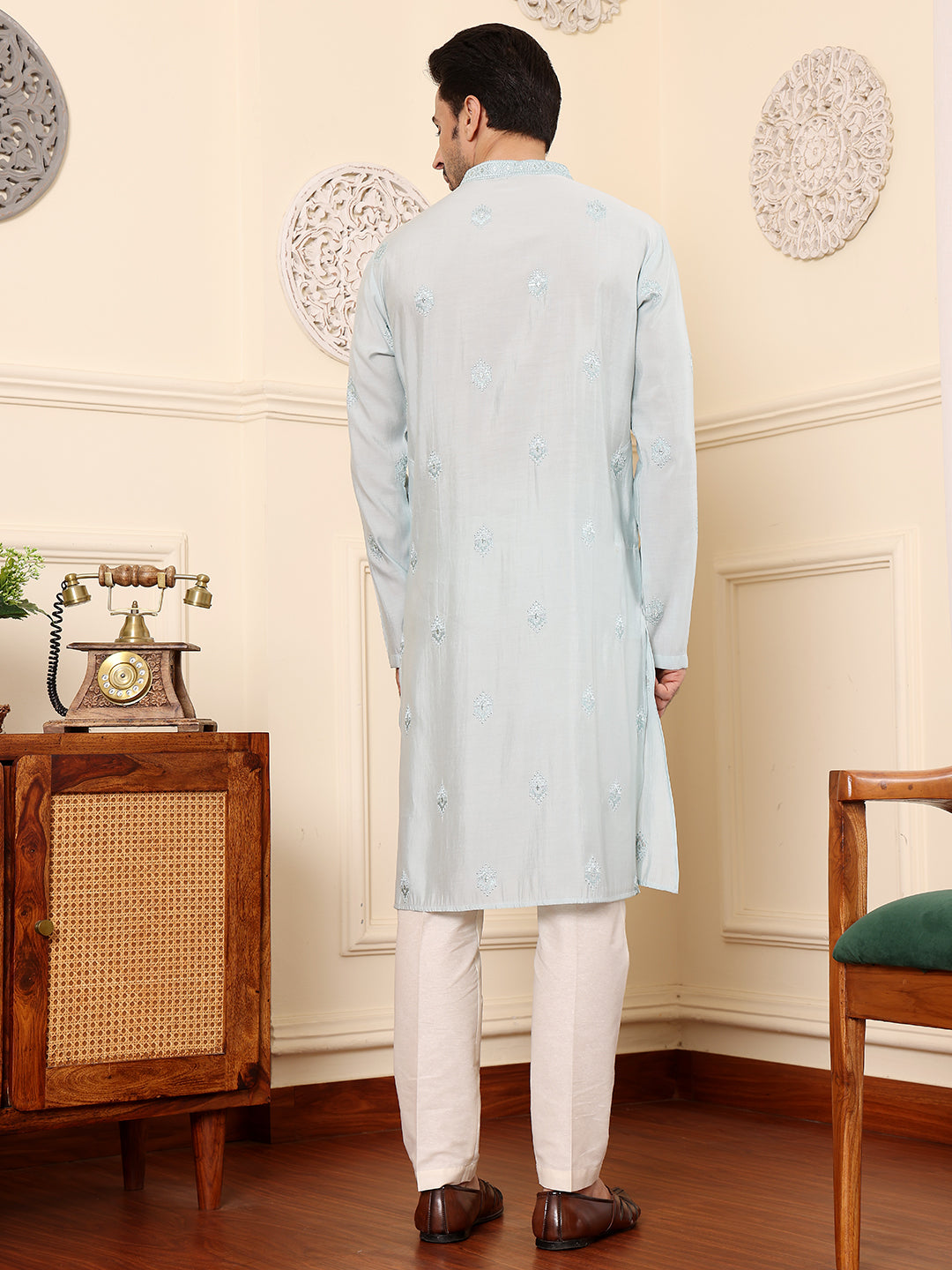 Men's Long Sleeve Light Blue Straight Viscose Silk Kurta with Embroidered Neckline Motifs and White Solid Churidar | SHOBITAM