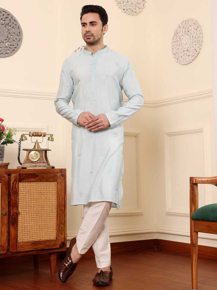 Men's Long Sleeve Light Blue Straight Viscose Silk Kurta with Embroidered Neckline Motifs and White Solid Churidar | SHOBITAM