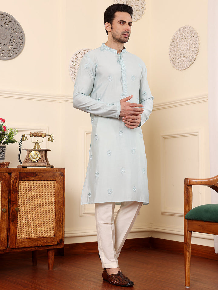 Men's Long Sleeve Light Blue Straight Viscose Silk Kurta with Embroidered Neckline Motifs and White Solid Churidar | SHOBITAM