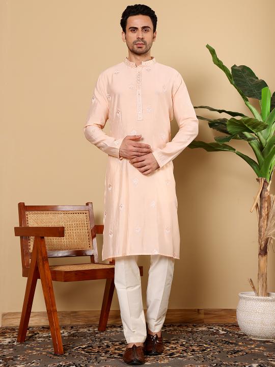 Men's Cream Straight Viscose Silk Kurta with Embroidered Neckline and Motifs,Off White solid trouser style churidar | SHOBITAM