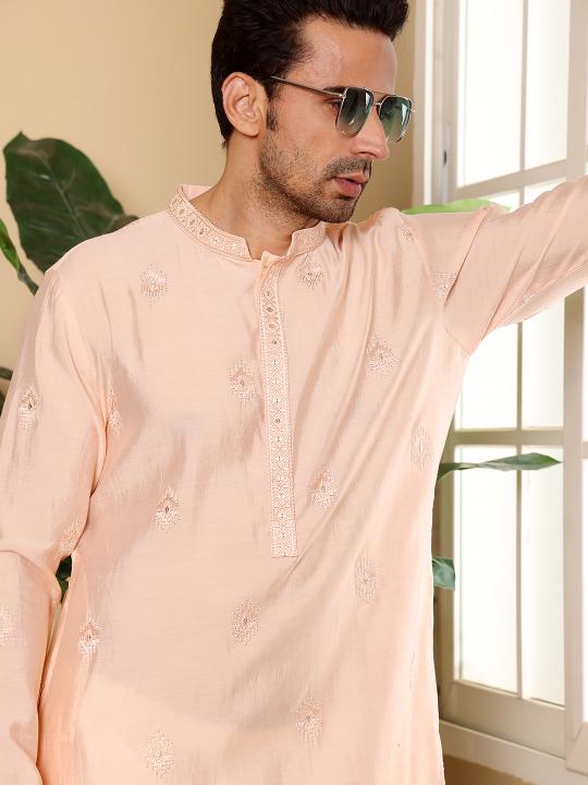 Men's Cream Straight Viscose Silk Kurta with Embroidered Neckline and Motifs,Off White solid trouser style churidar | SHOBITAM