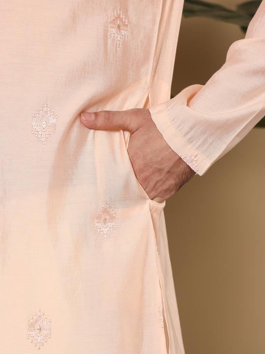 Men's Cream Straight Viscose Silk Kurta with Embroidered Neckline and Motifs,Off White solid trouser style churidar | SHOBITAM